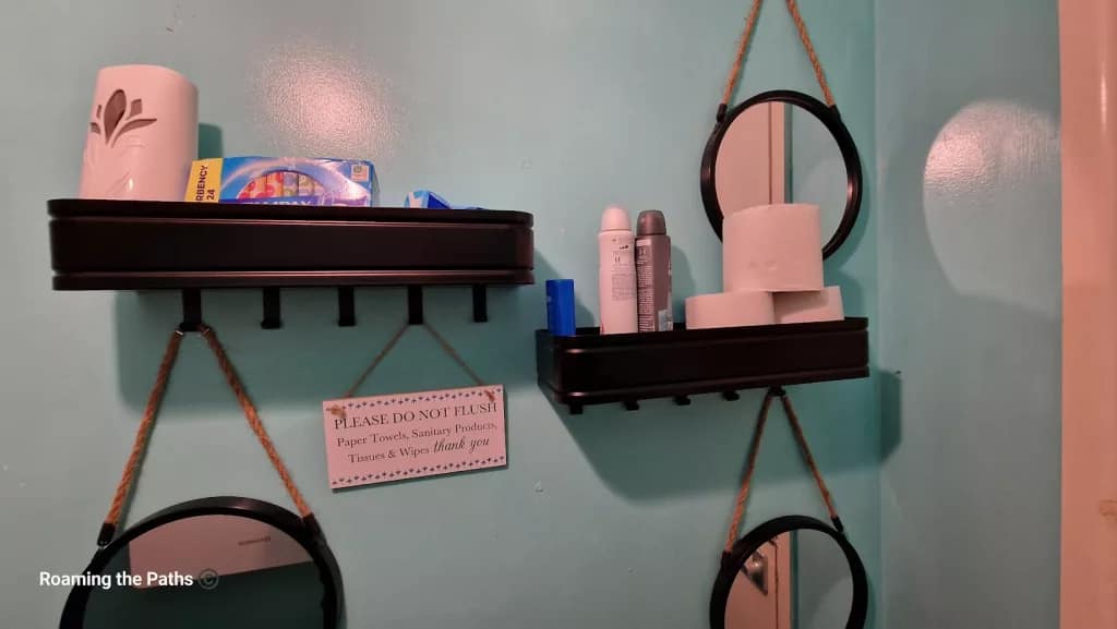 This image shows a thoughtfully equipped restroom, providing essential items for users. The walls are painted a calming aqua blue, creating a refreshing ambiance. Two black metal shelves, hanging by sturdy ropes, hold various toiletries and supplies:

Top shelf – Contains sanitary items, including a box of sanitary pads, an air freshener, and other hygiene products, ensuring convenience for female visitors.
Bottom shelf – Includes extra rolls of toilet paper, deodorants, and additional toiletries, ensuring users have everything they might need.
Decorative mirrors – Two circular mirrors with black frames are mounted on the wall, adding functionality and style to the setup.
Notice sign – A polite sign hangs between the mirrors, reminding users not to flush paper towels, sanitary products, tissues, or wipes, helping to maintain the restroom’s plumbing.
This well-stocked and welcoming restroom provides all essential items, showcasing attention to guests' needs and comfort.